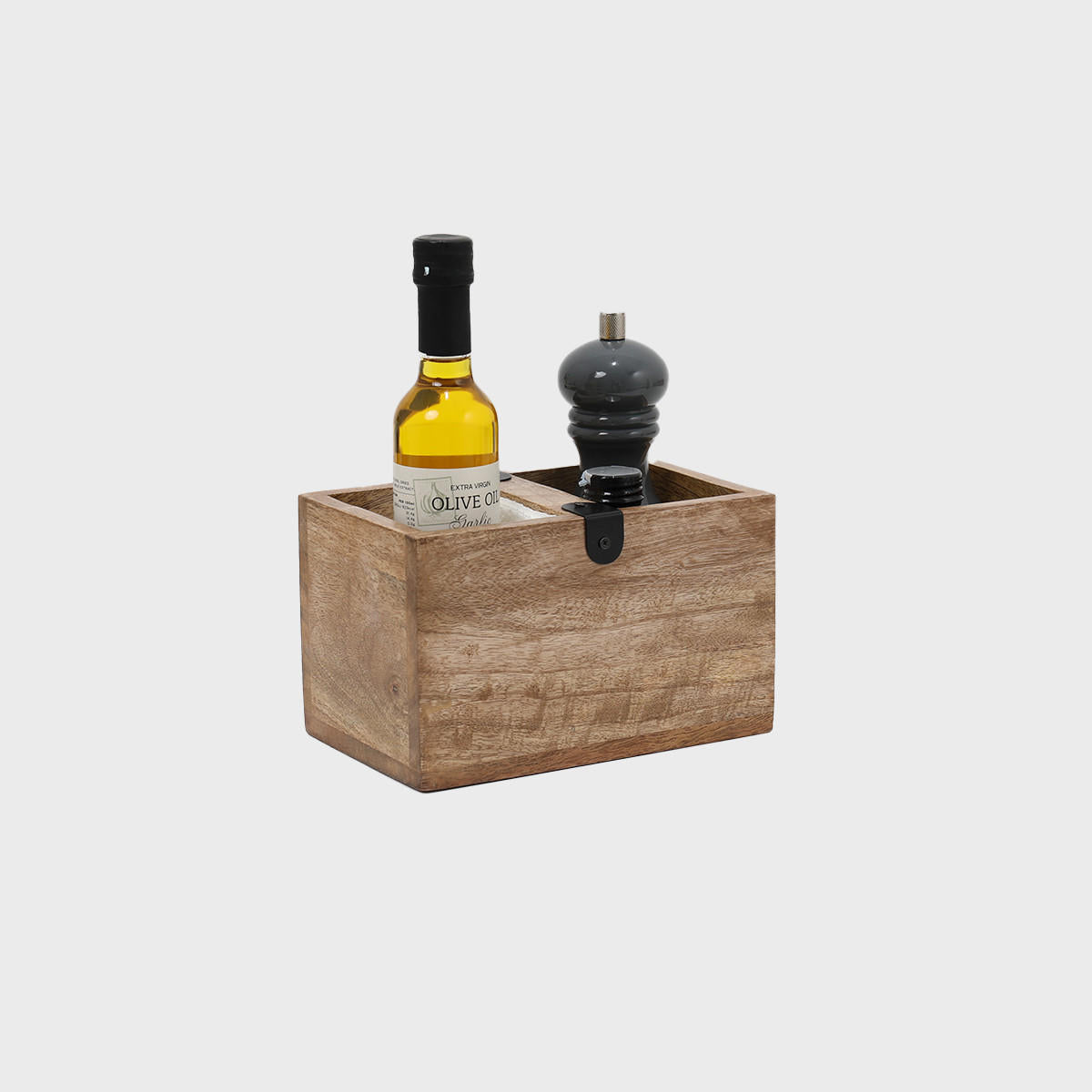 Double compartment mango wood caddy with black iron finishes with structured, low-profile walls and open-top design.