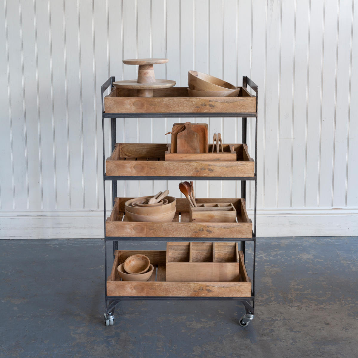Mango wood chitting tray with structured, low-profile walls and open-top design.