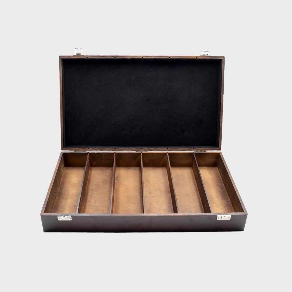 6 bottle luxury elm wood box with black velvet lining.