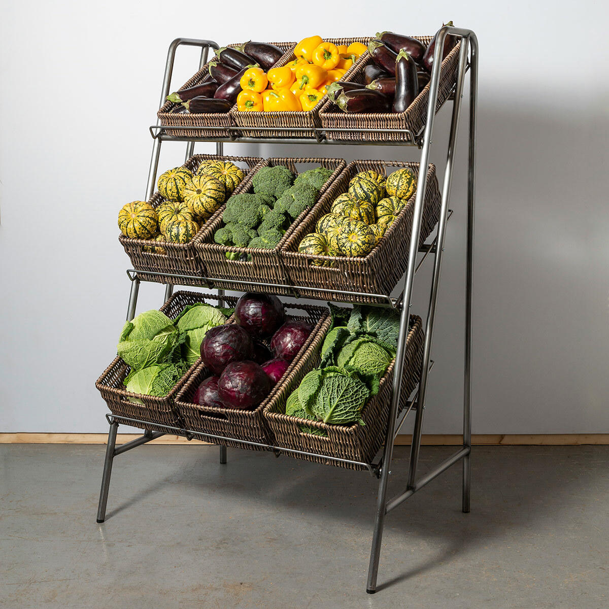 3 Shelf Retail Display Stand With Brown Wicker Trays pk 1