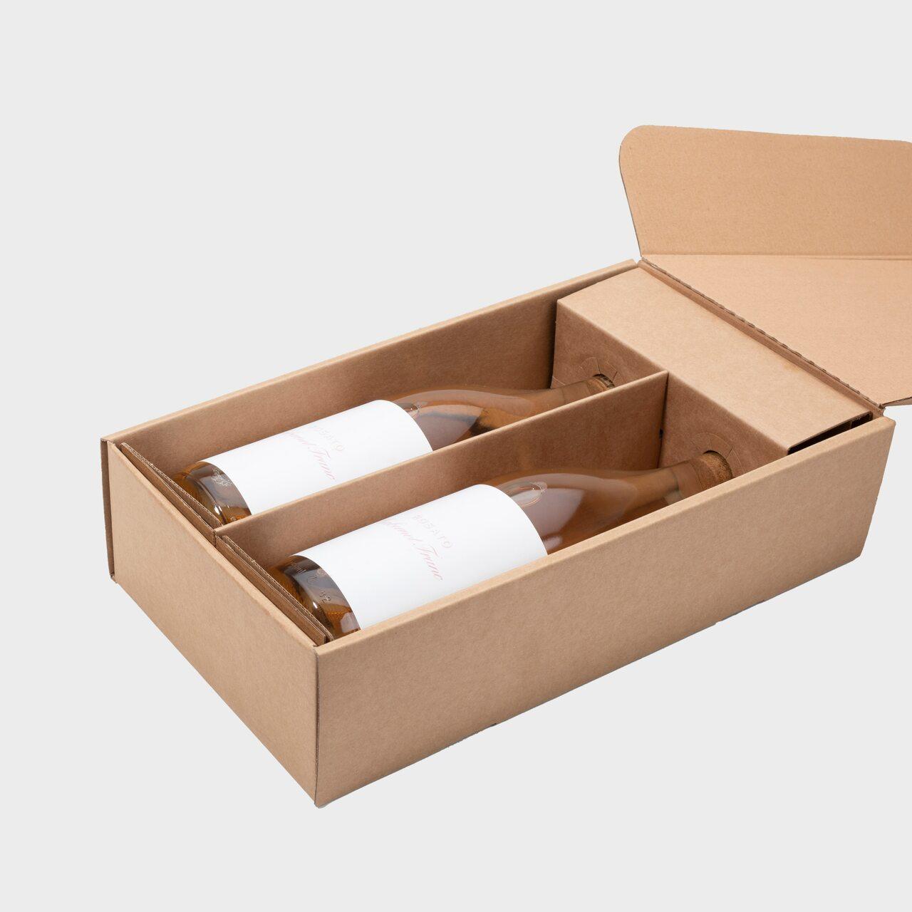 2 Bottle front opening gift box from high-density rigid paperboard.