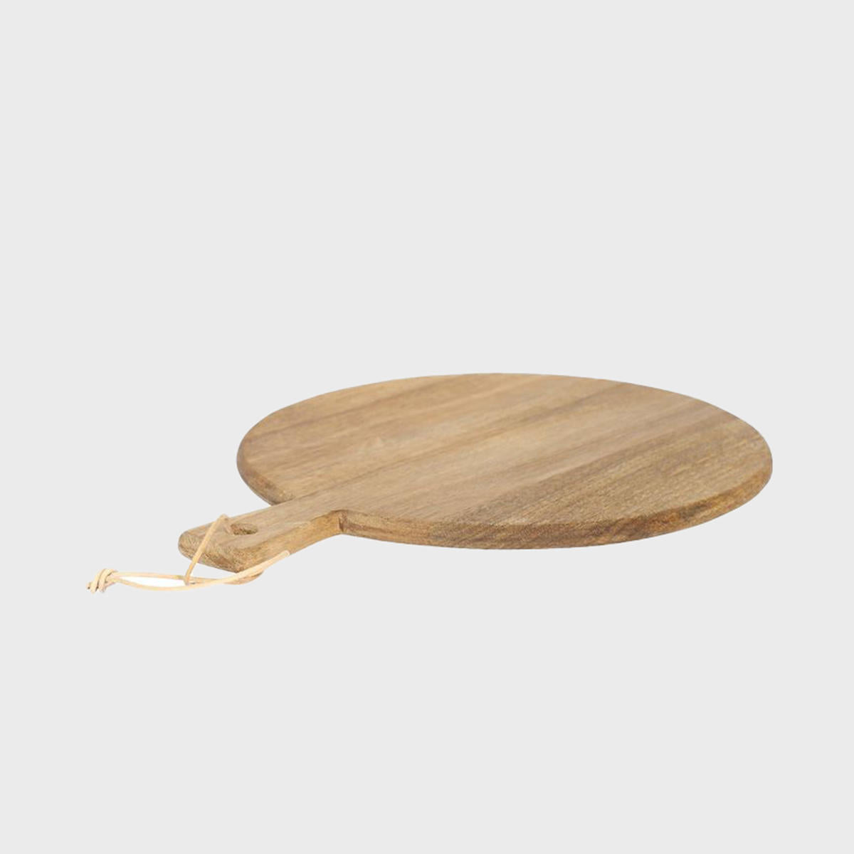 Medium round wooden serving board with handle crafted from durable hardwood with natural grain detail.