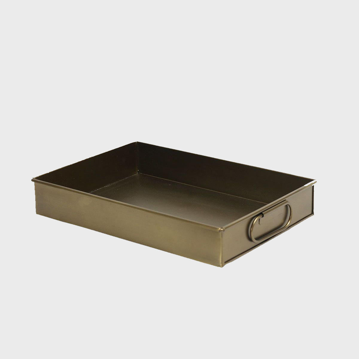 Railton brass metal tray with structured, low-profile walls and open-top design.