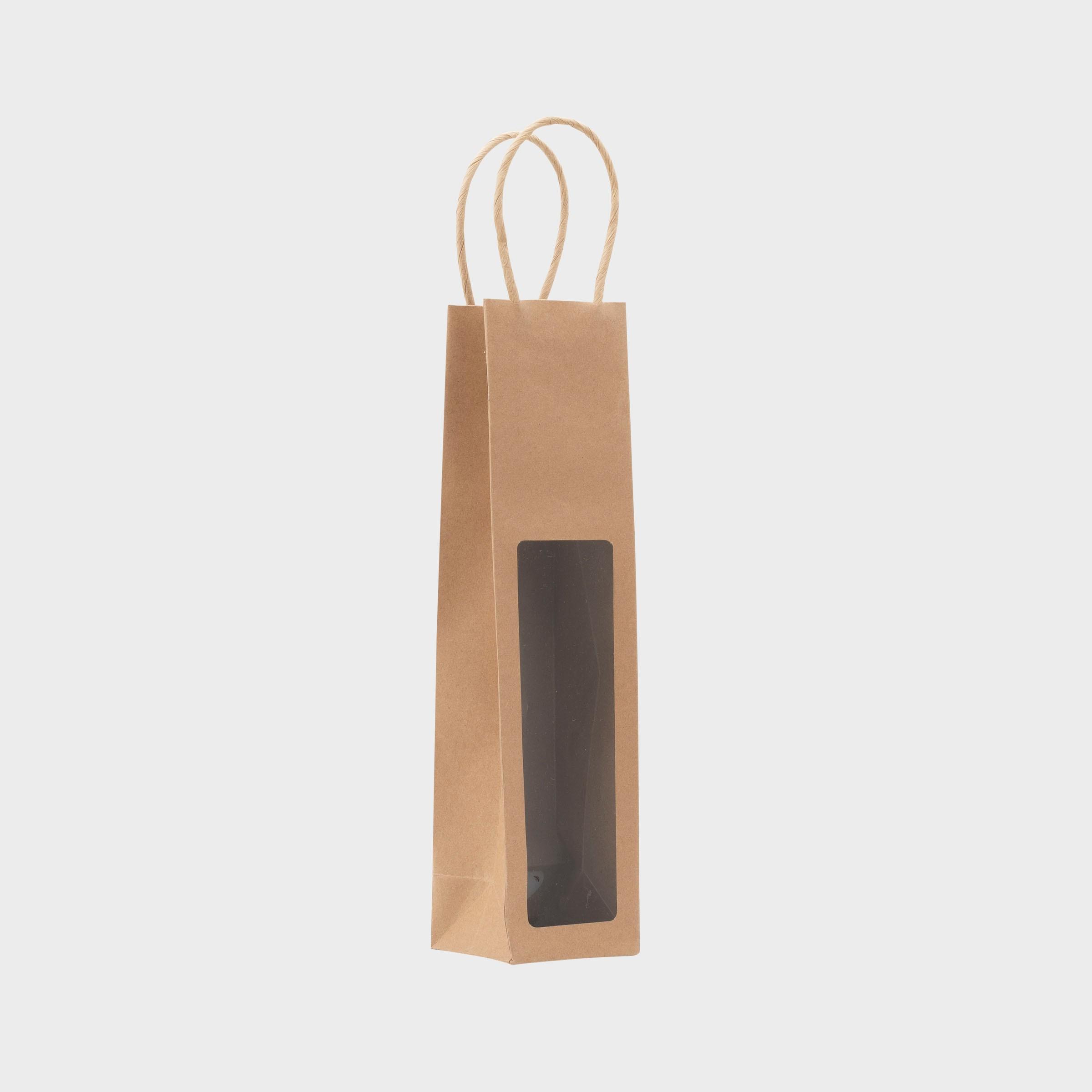 Kraft bottle gift bag with window featuring a patterned finish and heavy-duty handles.