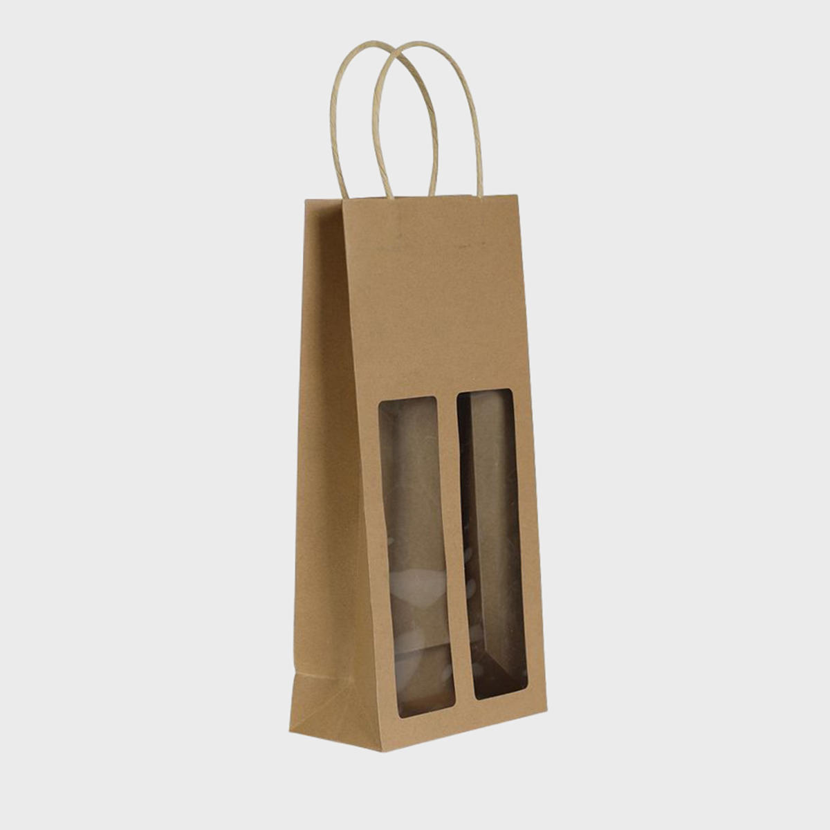 Kraft bottle gift bag with window featuring a patterned finish and heavy-duty handles.