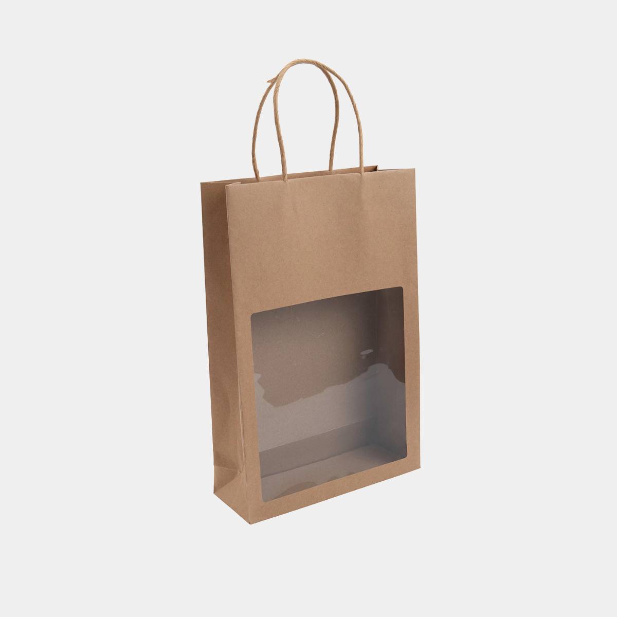 Kraft bottle gift bag with window featuring a patterned finish and heavy-duty handles.