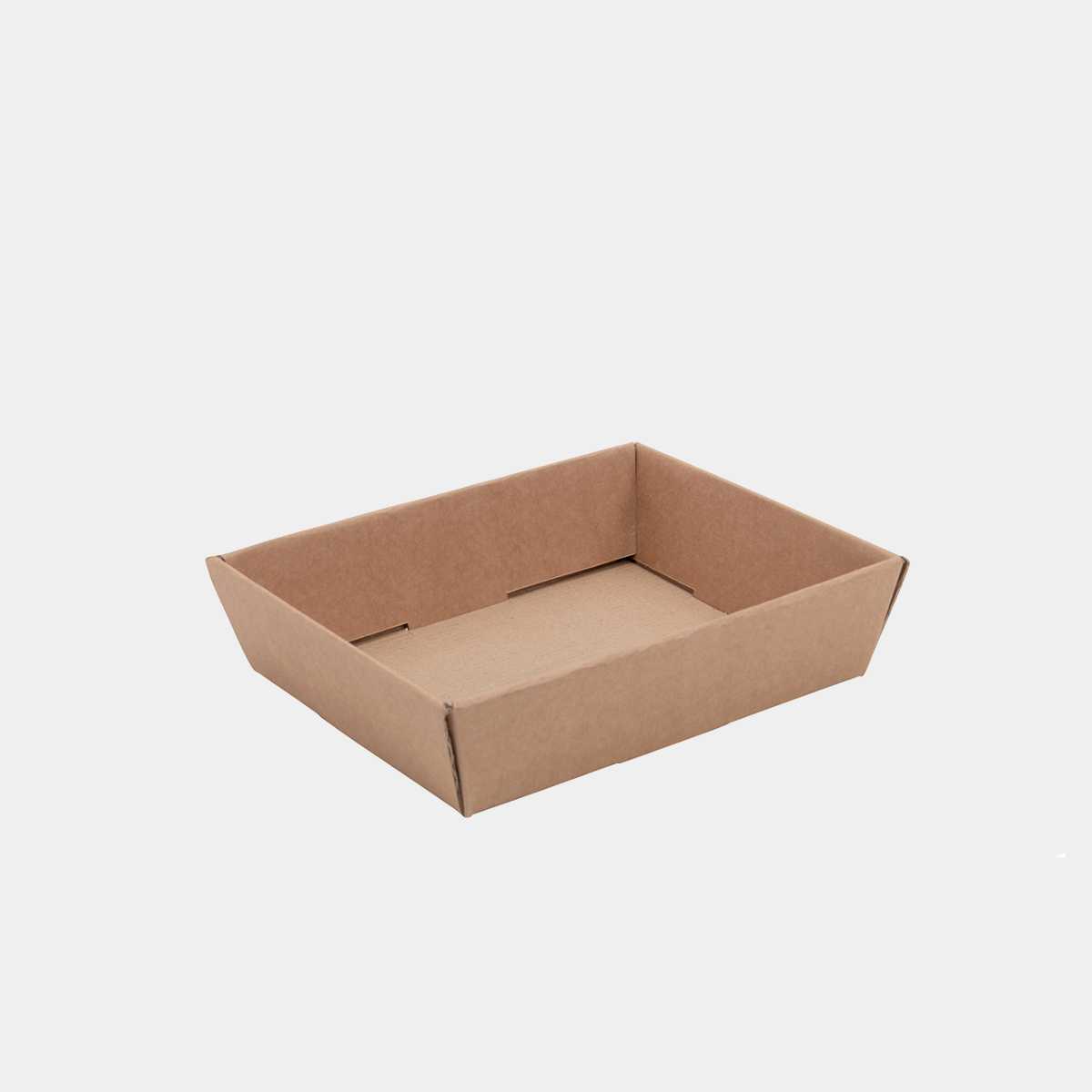 Small kraft half height card tray with structured, low-profile walls and open-top design.
