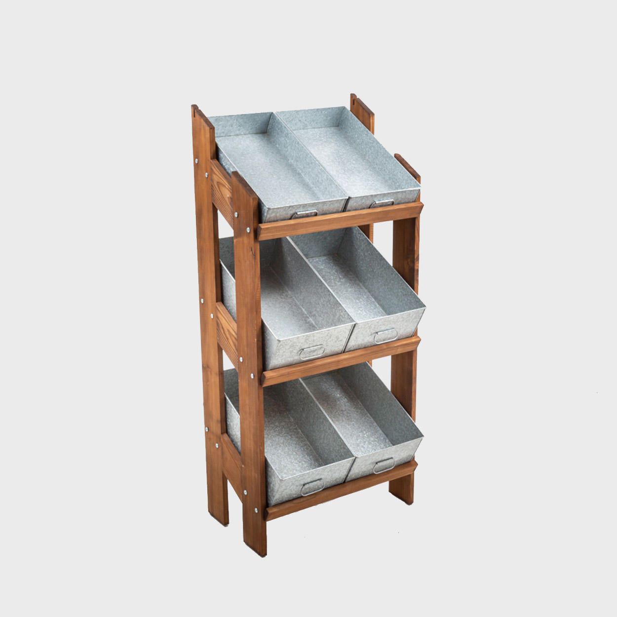 Norwood 3-shelf dark oak stand with galvanised trays and blackbaord 650 with structured, low-profile walls and open-top design.