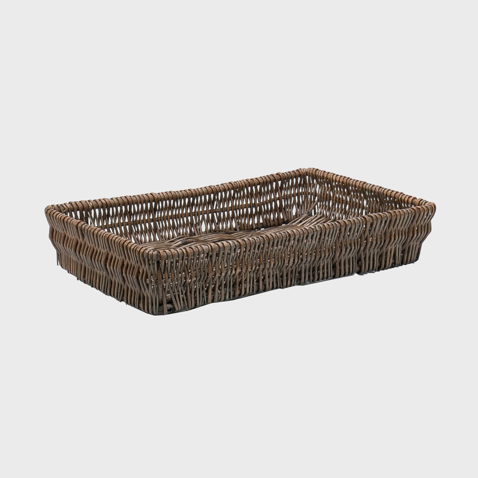 Medium shallow wicker tray with structured, low-profile walls and open-top design.