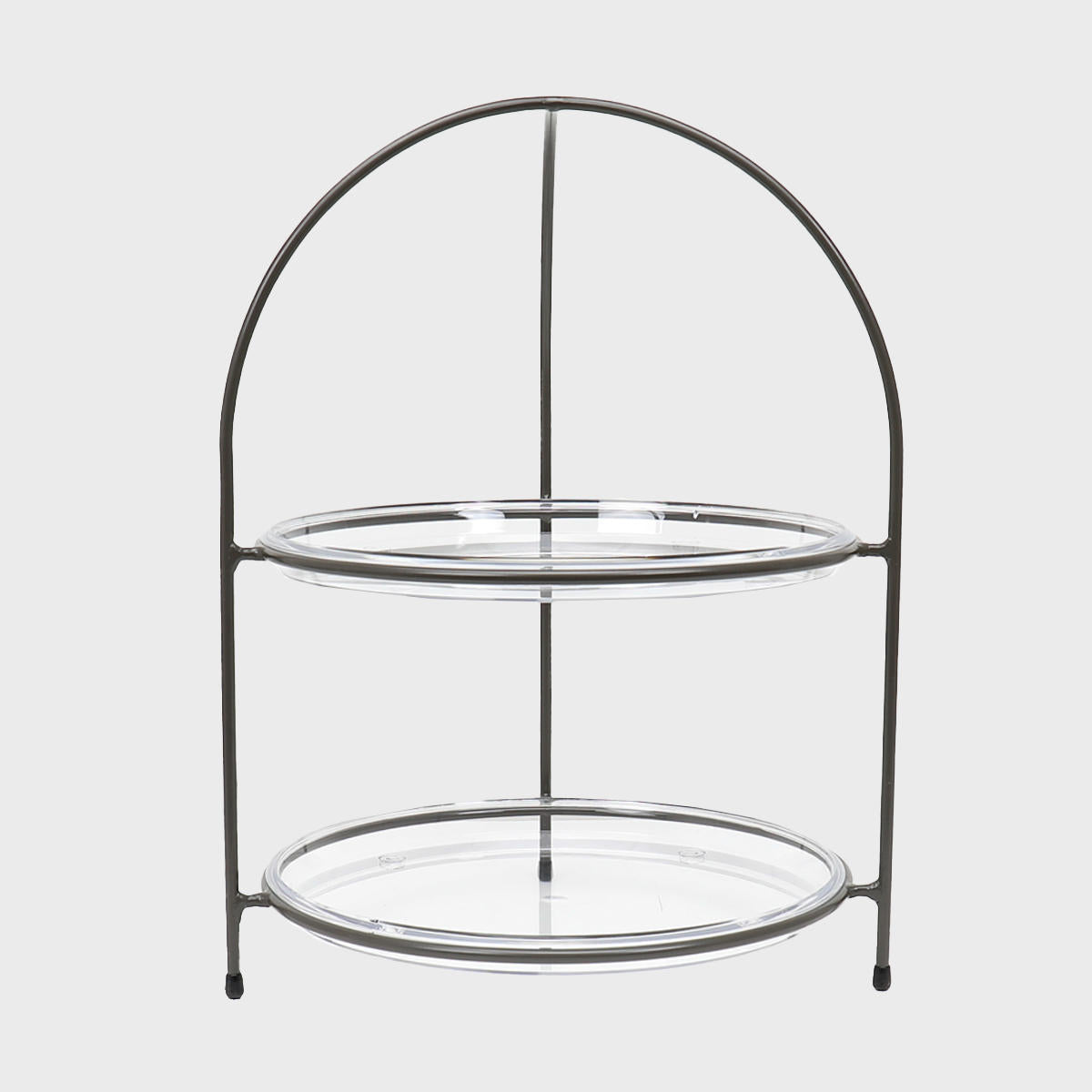 Leander metal tiered riser with handle and acrylic tray designed to add functional height and dimension.