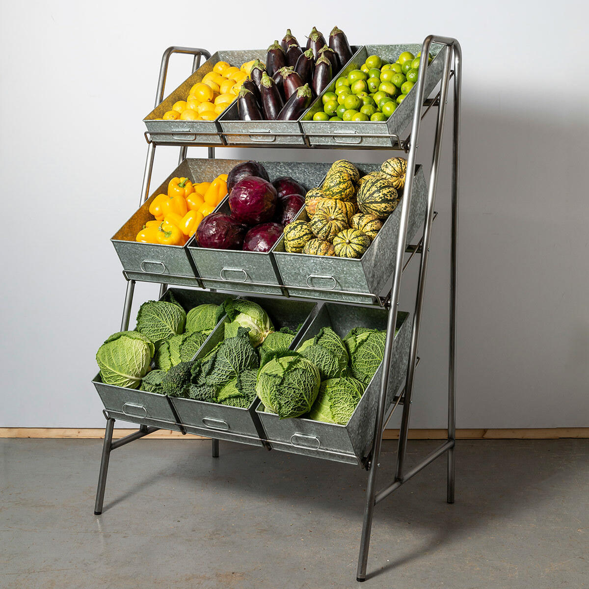 Camberwell retail stand 3 shelf with chatto metal tray featuring a multi-tiered layout for product positioning.