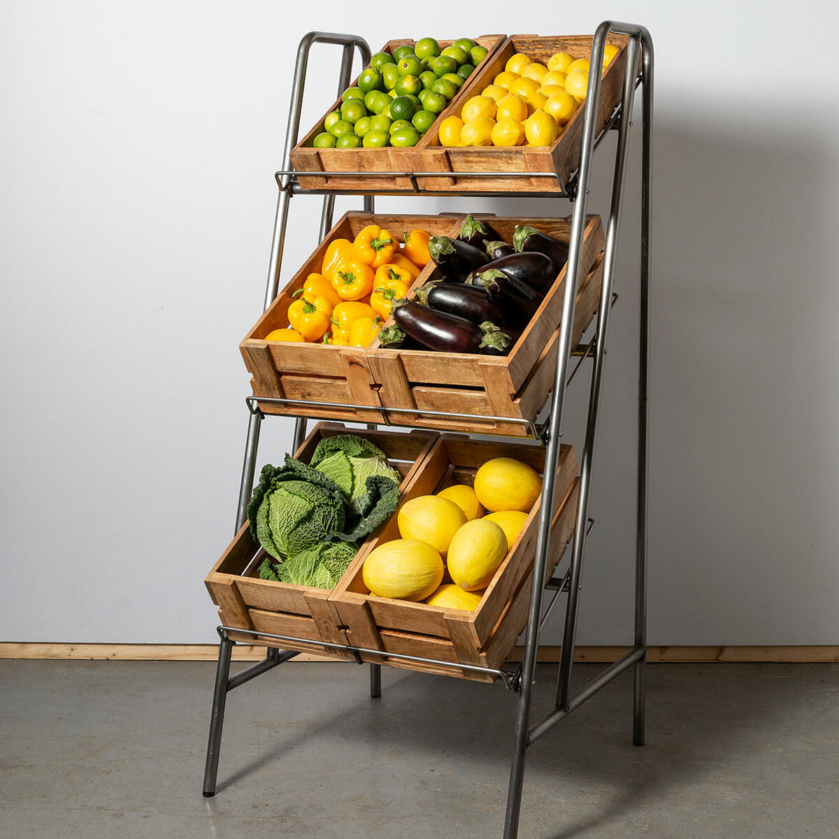 Camberwell retail stand 3 shelf with chatto wooden crates featuring a multi-tiered layout for product positioning.
