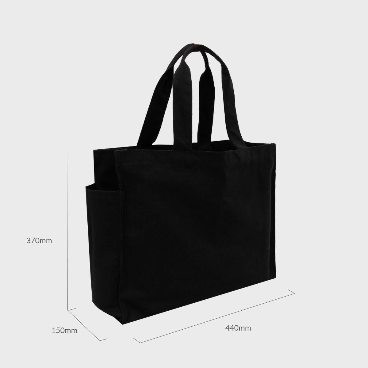Large black 12oz recycled canvas bag with side pocket.