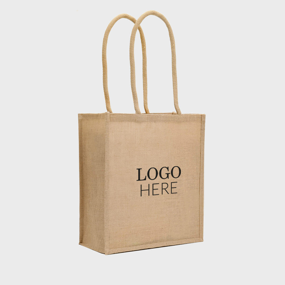 Large portrait jute bag with padded handles.