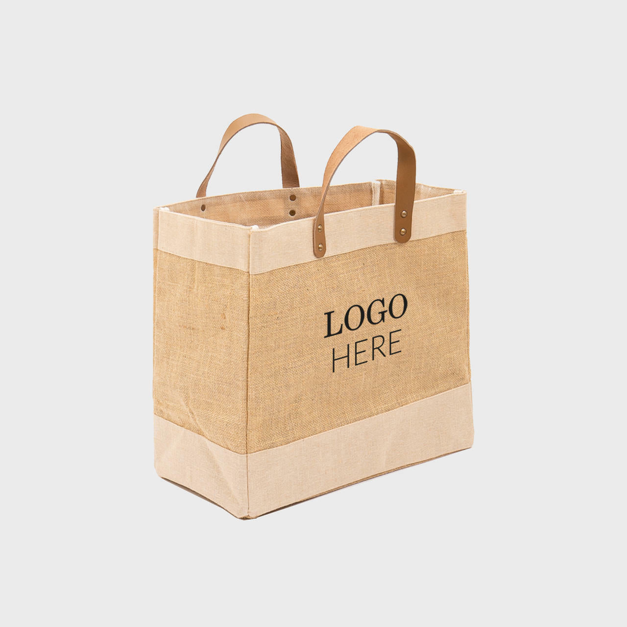 Medium natural jute market bag with leather handles.