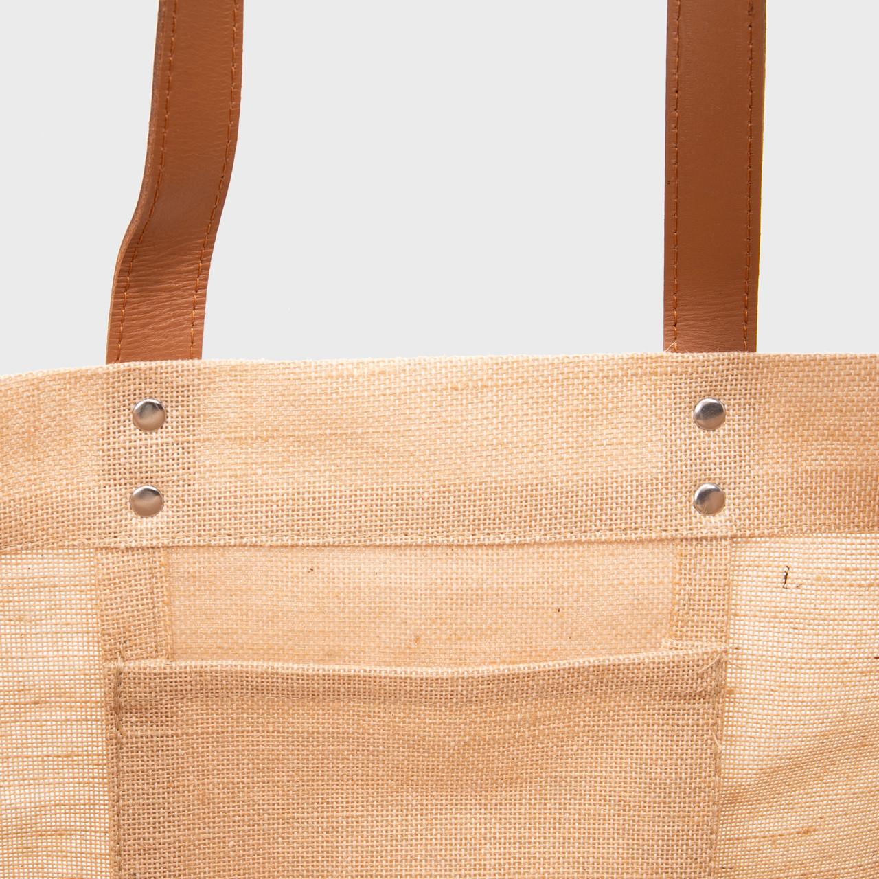 Large natural juco shoulder market bag with leather handles.
