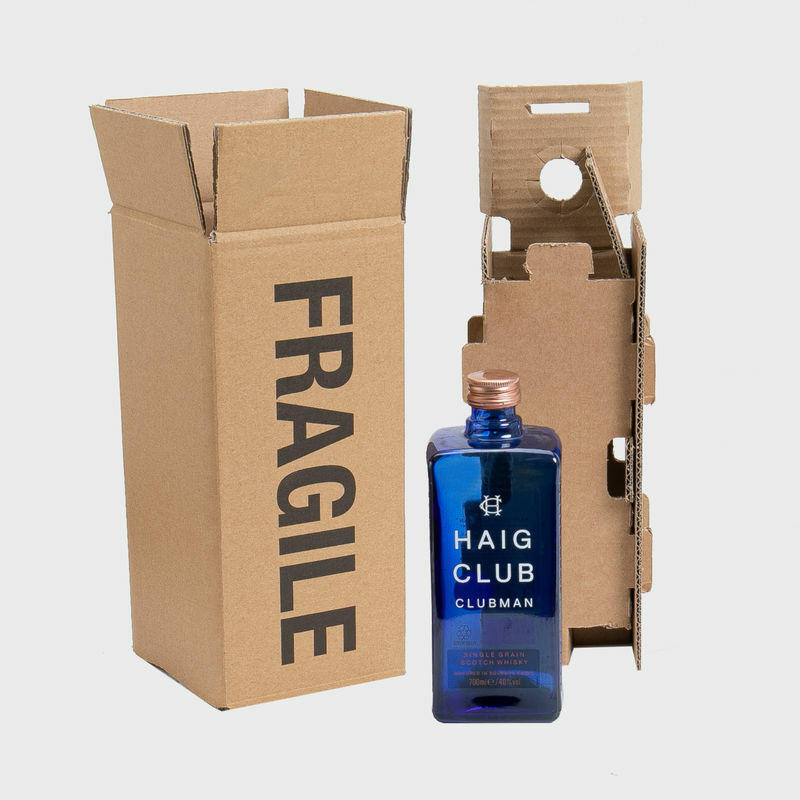 1 bottle spirit Mailsafe shipping box from thick, impact-resistant inner for bottle security.