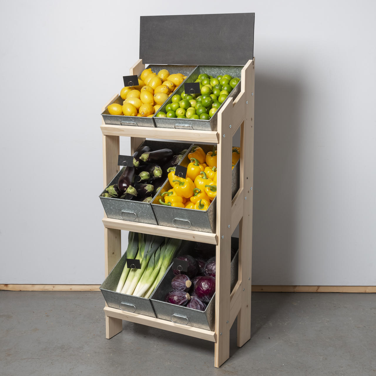 Norwood 3-shelf stand with galvanised trays 650 featuring a multi-tiered layout for product positioning.