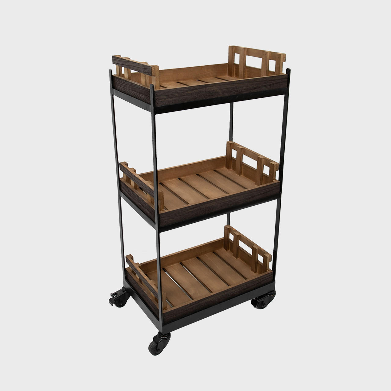 Railton display unit on castors featuring a multi-tiered layout for product positioning.