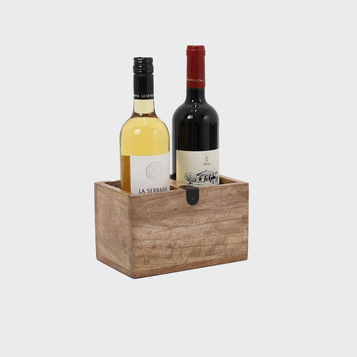 Double compartment mango wood caddy with black iron finishes with structured, low-profile walls and open-top design.