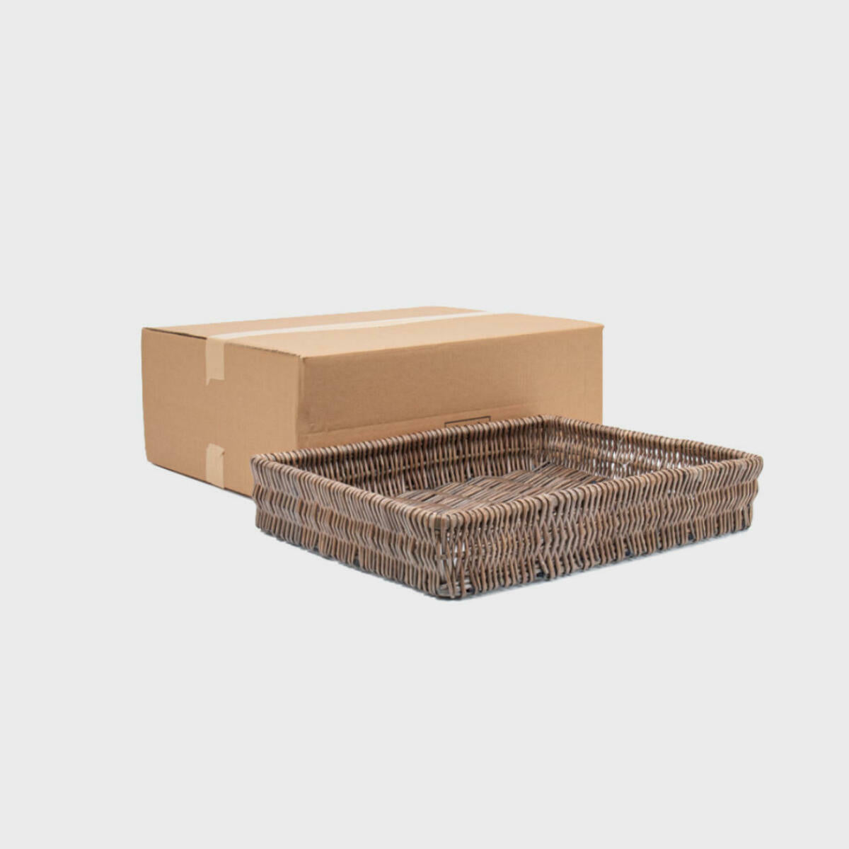 Wide wicker tray protective outer with structured, low-profile walls and open-top design.