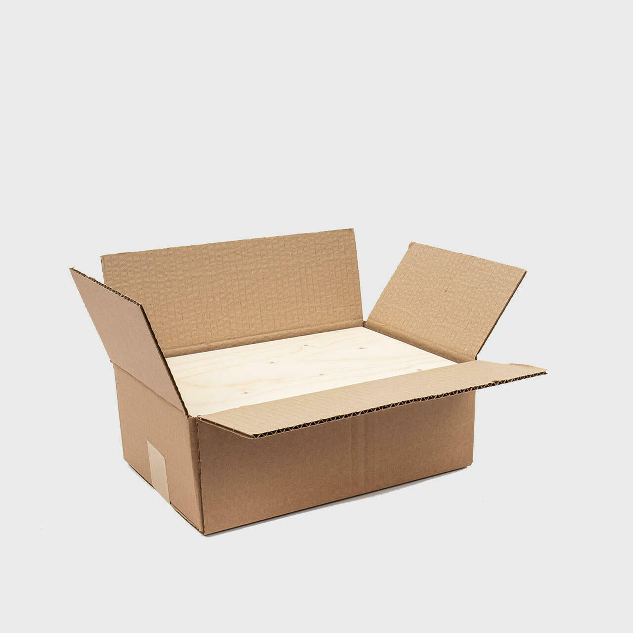 Wooden hamper box with drop on lid from high-density rigid paperboard.