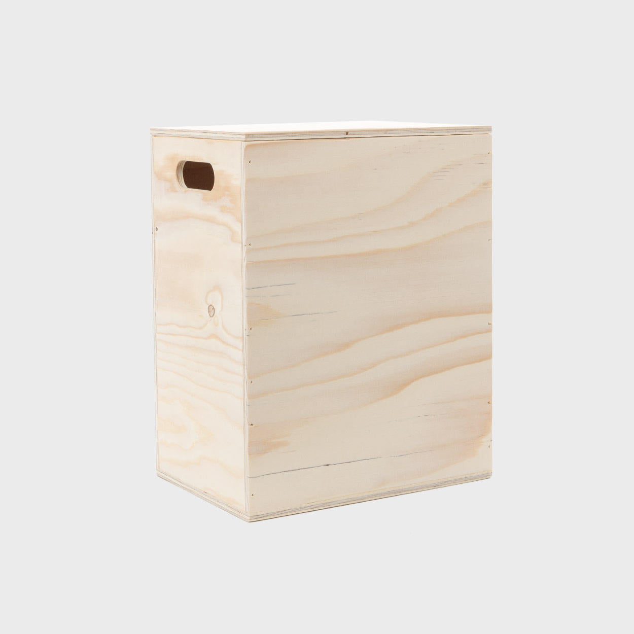 Tall wooden hamper box with drop on lid from high-density rigid paperboard.