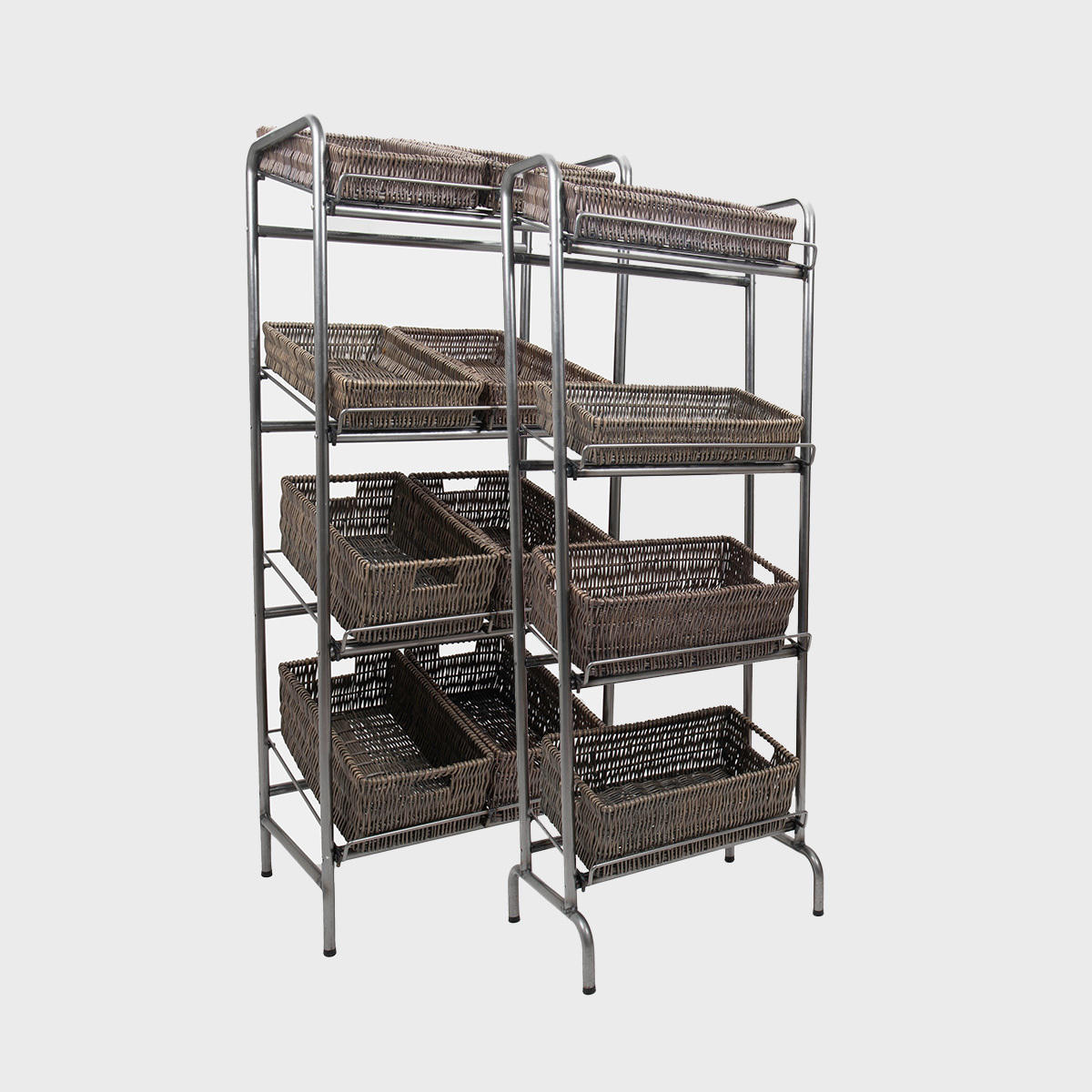 4 Shelf Retail Display Stand With Brown Wicker Trays pk 1