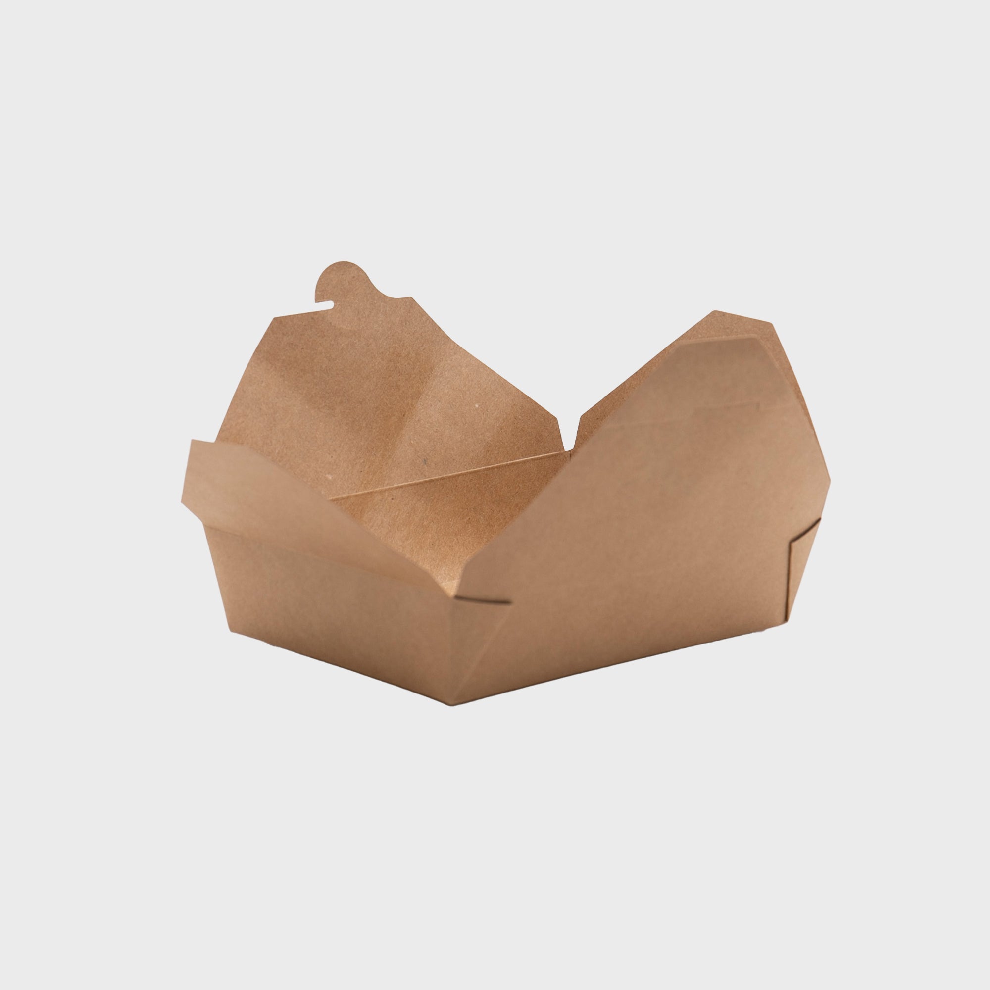 No leak kraft takeaway boxes with leak-resistant folds and heavy-duty paperboard body.