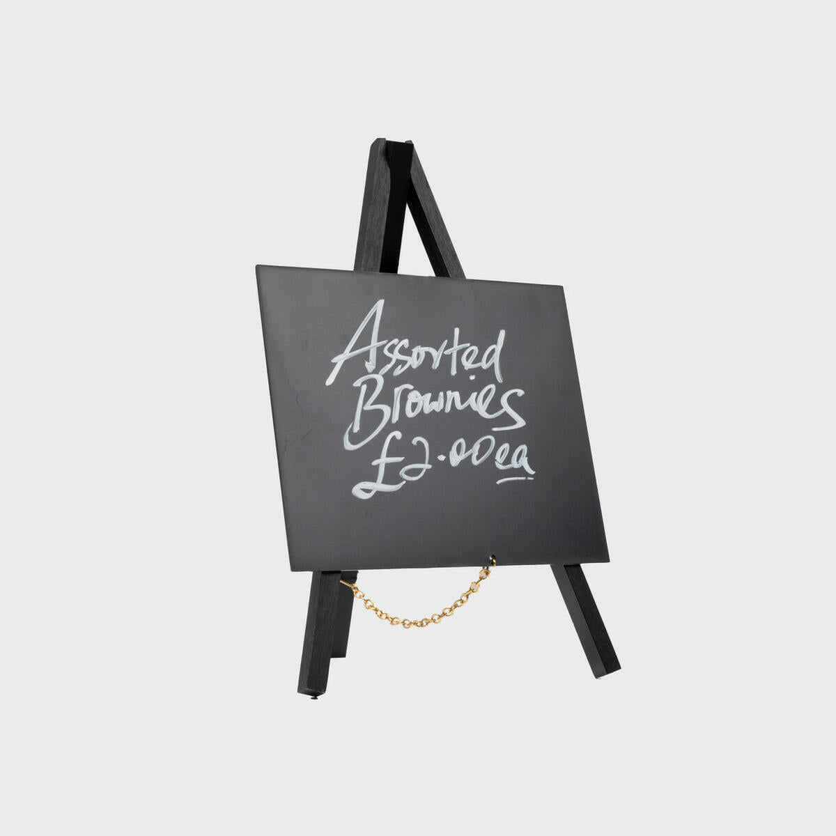 Mini-tripod chalkboard with a clean surface for visible retail messaging.