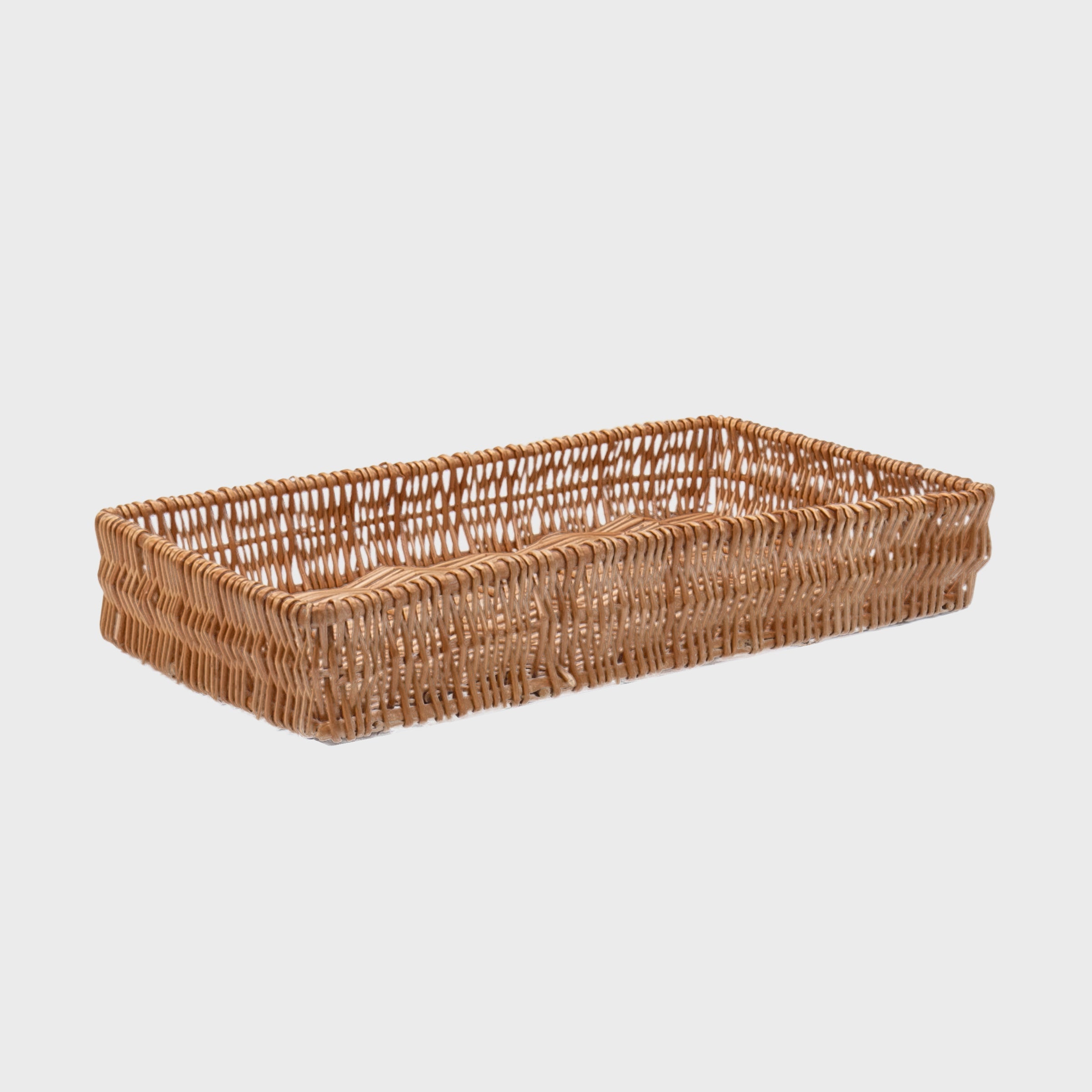 Medium shallow wicker tray with structured, low-profile walls and open-top design.