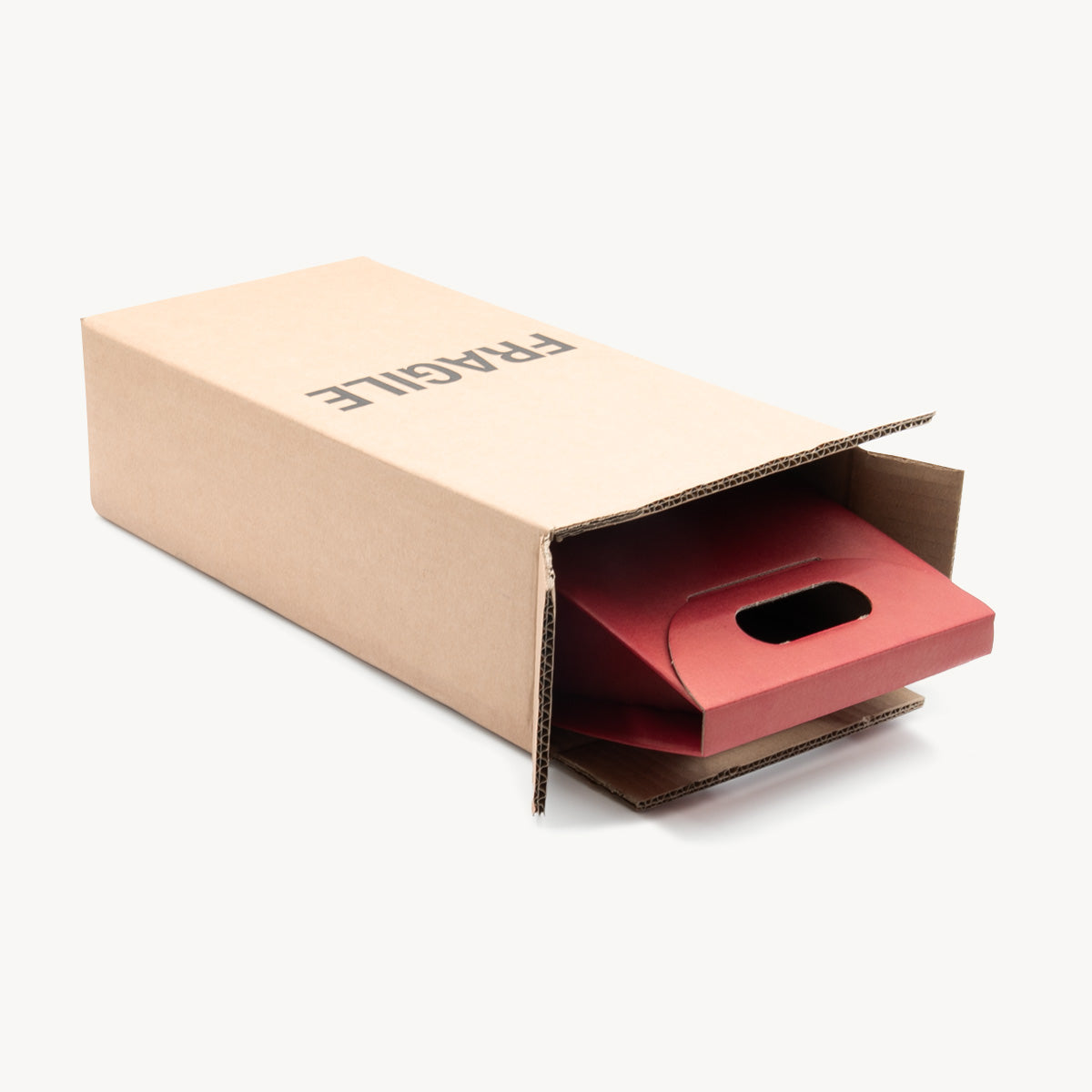 2 bottle carton protective outer made from robust corrugated cardboard for shock absorption.