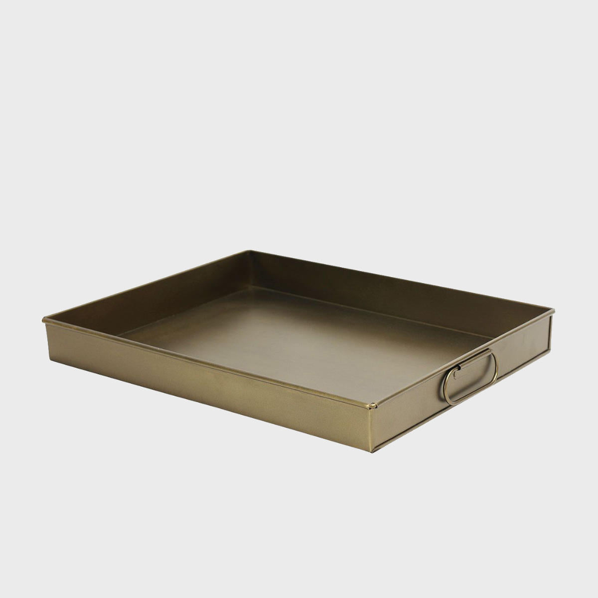 Railton brass metal tray with structured, low-profile walls and open-top design.