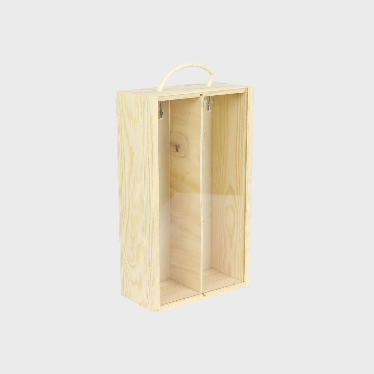 2 Bottle wooden box with rope handle with premium natural wood grain and secure hardware closures.