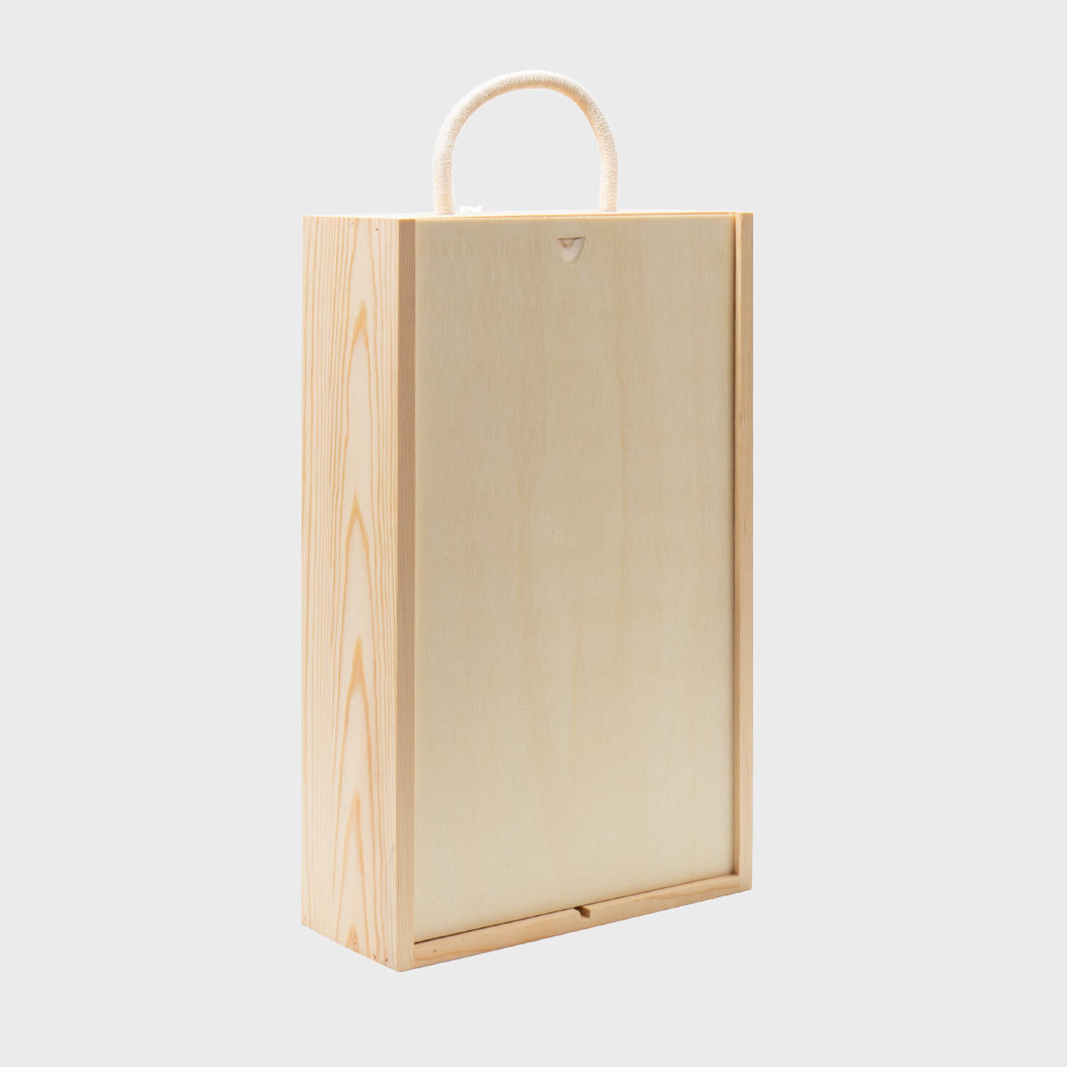2 Bottle wooden box with rope handle with premium natural wood grain and secure hardware closures.
