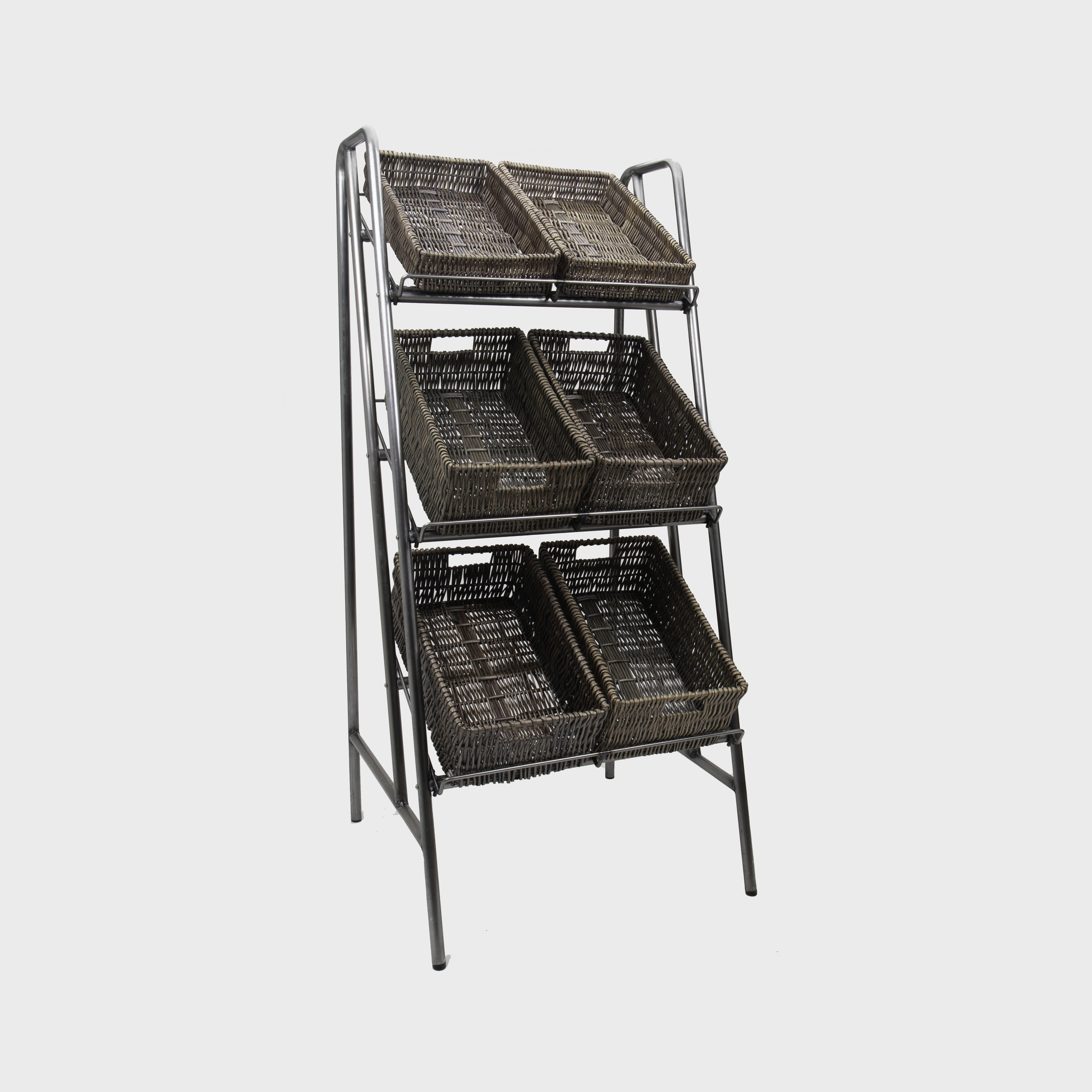 Camberwell retail stand 3 shelf with chatto wicker trays in pewter brown multi-tiered layout for product positioning.