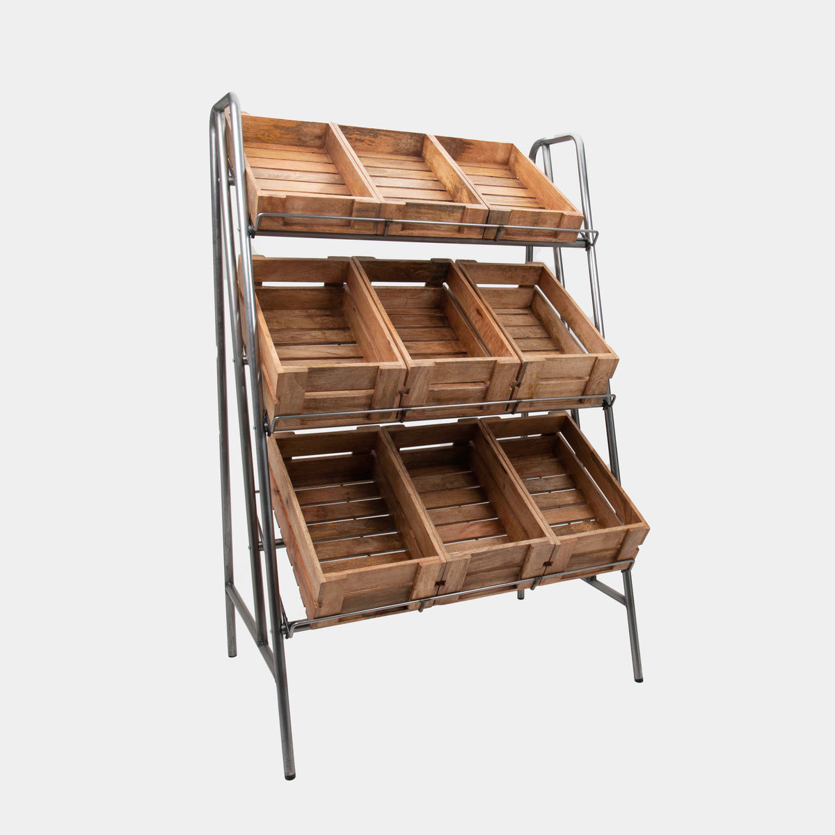 Camberwell retail stand 3 shelf with chatto wooden crates featuring a multi-tiered layout for product positioning.