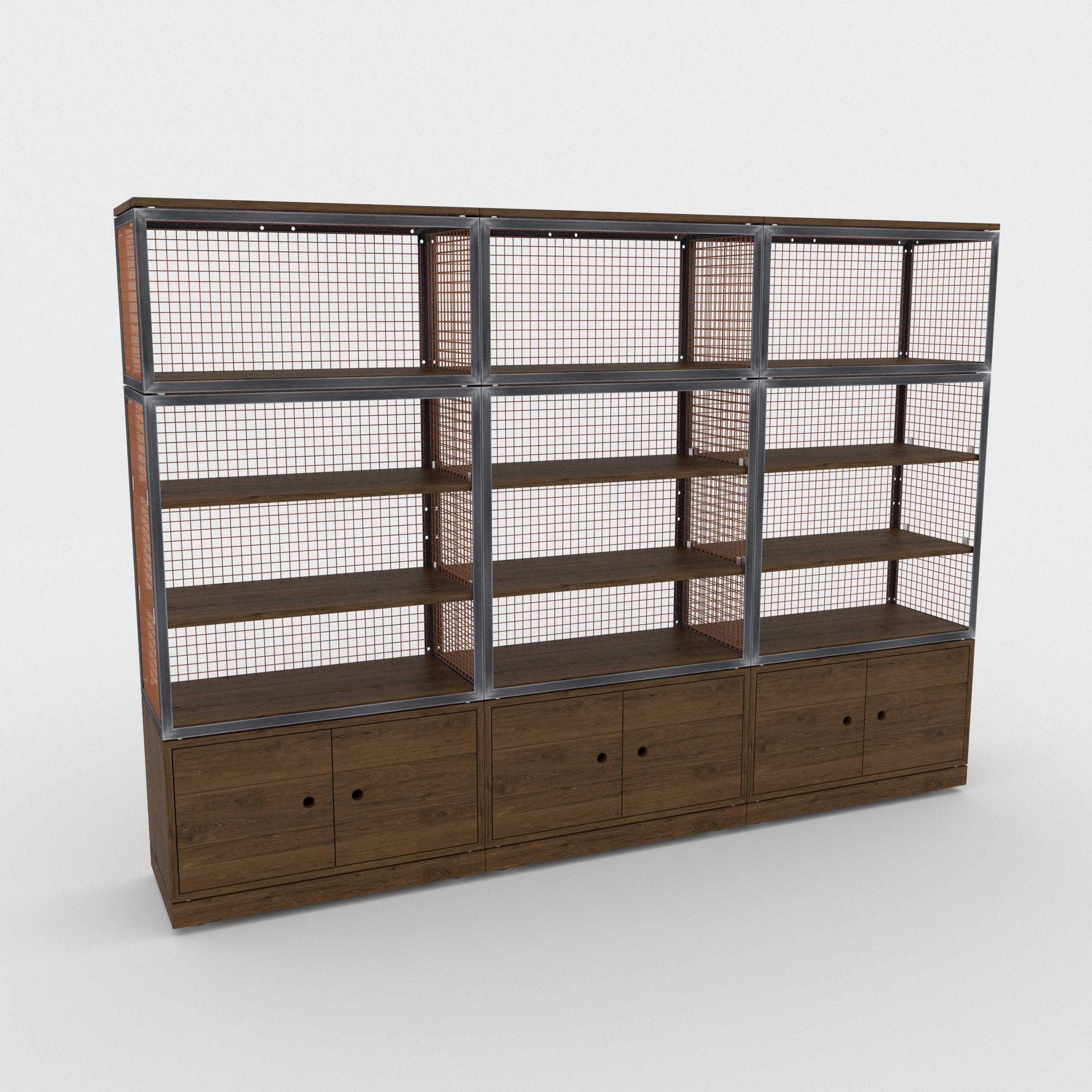 BRIX tall shelving with storage dark wood featuring a heavy-duty modular geometric profile layout.