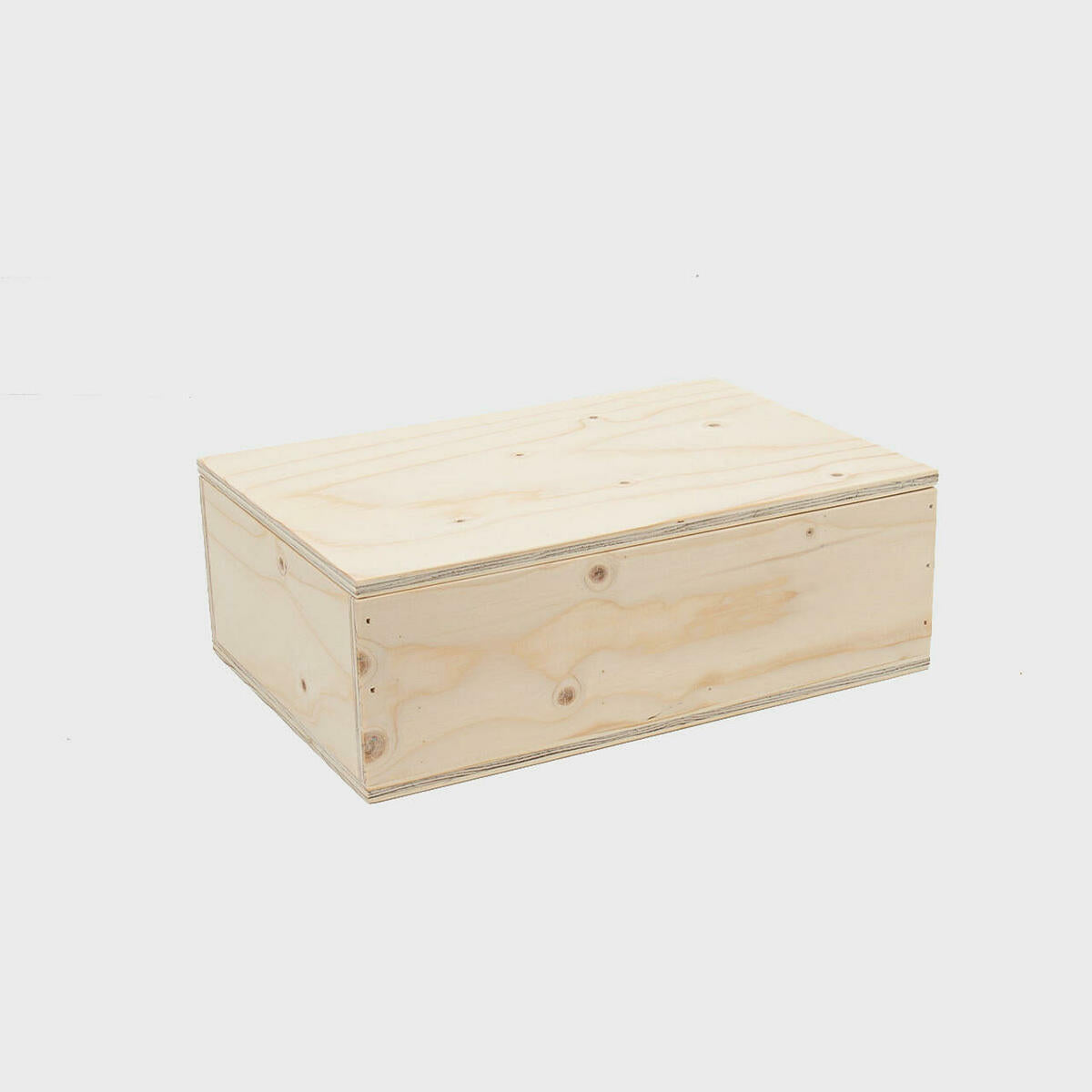Wooden hamper box with drop on lid from high-density rigid paperboard.