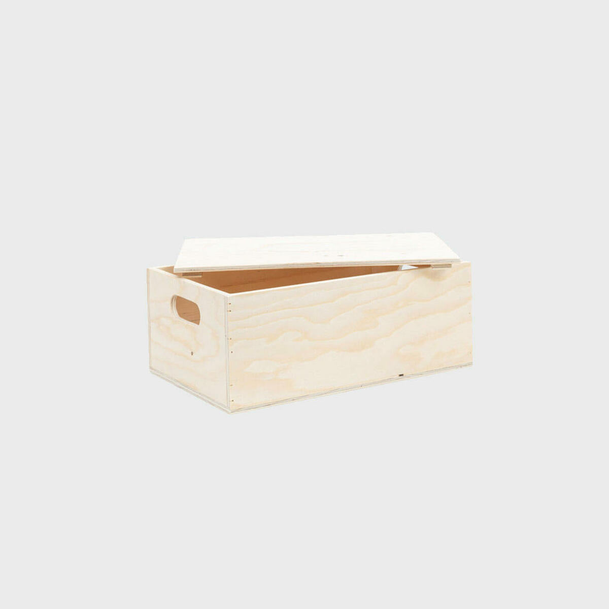 Wooden hamper box with drop on lid from high-density rigid paperboard.