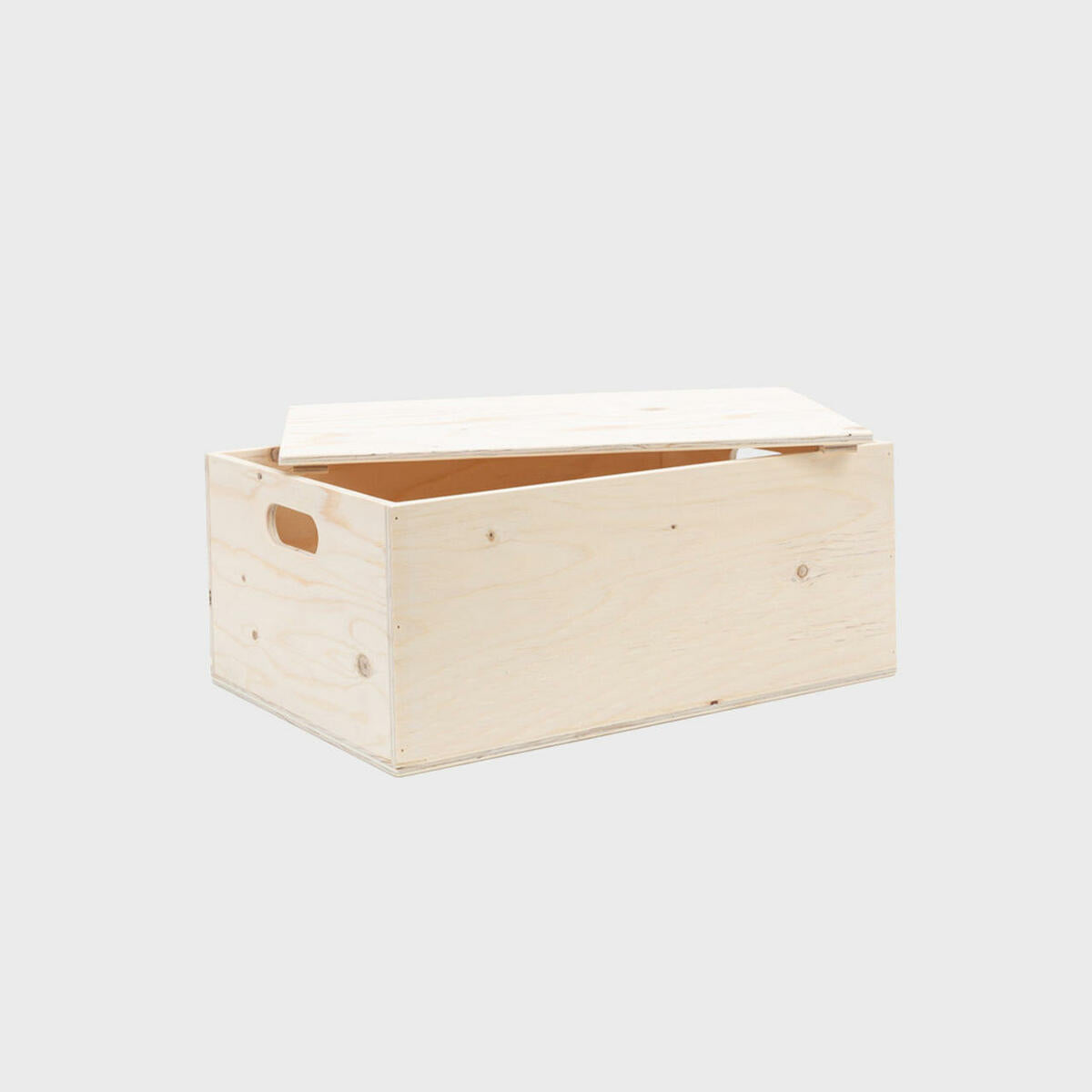 Wooden hamper box with drop on lid from high-density rigid paperboard.