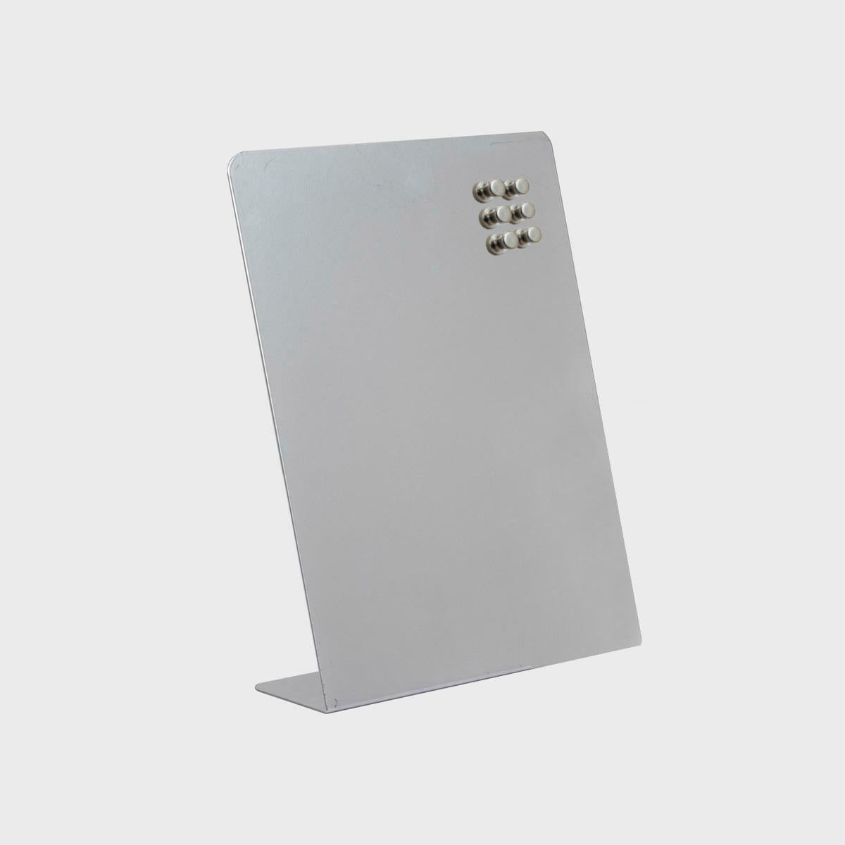 L shaped grey display easel.