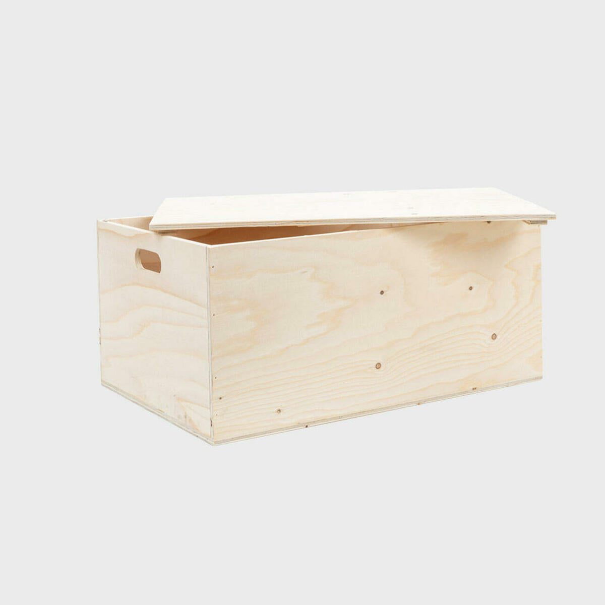 Wooden hamper box with drop on lid from high-density rigid paperboard.