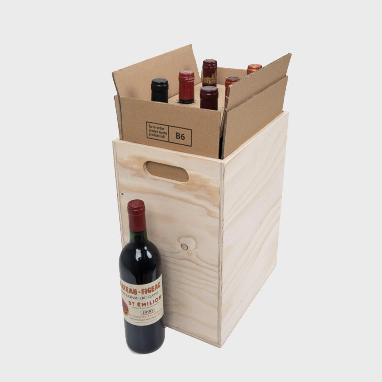 6 Bottle Wooden Box with Protective Insert and Drop On Lid pk 1 W6XW